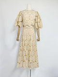 Plataz Spring And Summer Embroidery Hollow Round Horn Short Top + Holiday Water-Soluble Lace Skirt Dress Suit