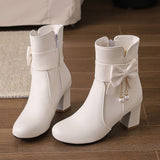 Plataz Size Women's Shoes Bows Coarse And Short Boots Women's Korean Version Of High Heel Boots High Quality Shoes