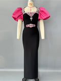Plataz New Heavy Industry Diamond-Stuffed Temperament Rose Red Bubble Sleeve Banded Dress Banquet High-End Evening Dress