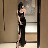 Plataz Black Lace Splicing High Open Fork Sexy Bag Ass Waist Temperament Sling Skirt Dress