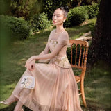 Plataz 2025 Embroidery Three-Dimensional Flower Nail Bead Splicing Mesh Dress With Chest And Fake Two Midskirts