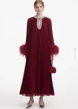 Plataz 2024 New Round-Neck Heavy Industry Nail Nails And Fur Folding Process Horn Sleeve Long Dress