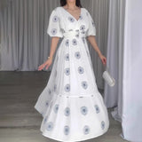 Plataz Women's Summer Fashion Vcollar Bubble Sleeve High-Waist Print Splicing Body Dress