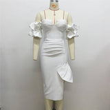 Plataz Women's Sexy Breasts Deep V Bandaged Skirts Shoulder Lantern Sleeve Open Party Dress Dress