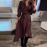 Plataz Women's Autumn V-Neck Long-Sleeved Collar With Irregular Dress