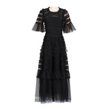Plataz Elegant Dress 2025 Spring New Round Neck Pressure Folding Mesh Splicing Wave Point Cake Skirt