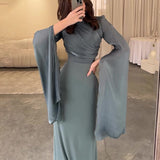 Plataz And Autumn 2024 Solid Color Splicing Big Swing Sleeve Collar Body Repair Dress Dress