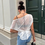 Plataz Women's Summer New Sexy Slim Slim Solid Color Oblique Shoulder Perspective Top DJPT