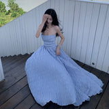 Plataz Dress Blue Pure Windy Beach Vacation Bare Back To The Waist Of The Big Skirt Hanging Long Skirt