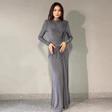 Plataz Sexy Fashion Round Collar Folds To The Waist To Repair The Solid Color Temperament Dress