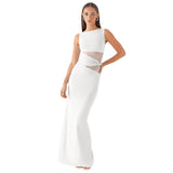 Plataz Women's Solid Color Translucent Hollow Lace Twist Belt Dress DJPT