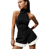 Plataz Women Decorate Sleeveless Hanging Neck Collage Splicing Lotle Leaf Side Shorts Splicing DJPT