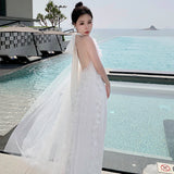 Plataz Bride's Morning Robe Hanging Neck Light Wedding Dress Wedding Dress Wedding Dress Bridesmaid White Bare Back Dress