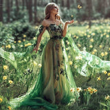 Plataz Dress Shoulder 2025 New Emerald Green Dress Ball Dress Floral Dress Princess Breeze