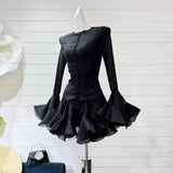 Plataz A-Word Puffed Dress Vietnamese Niche Autumn Collared Horn Sleeves Single-Clip-Enveheded Butbum Skirt Skirt