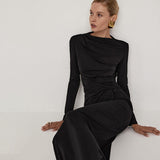 Plataz Women's Pure Color Waist Shrink Folding Long Sleeves Elegant Long Dress DJPT