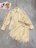 Plataz New Temperament Hollow Embroidered Lantern Sleeve Tops Shorts With Belt Belt Waist