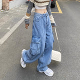 Plataz Kong Style Retro Big Pocket Workwear Jeans Women's Spring And Autumn Tide Straight Loose Hanging Wide Leg Trousers DJPT
