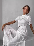 Plataz Collar Short-Sleeved Lace Top + Tight Waist Tie With Lace Spliced Wide Leg Trousers Set Woman