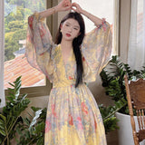 Plataz Court Lantern Sleeve Yellow Print Dress Photo Long Dress Bohemian Beach Dress Women's Summer