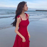 Plataz Holiday Red Sling Dress Women's Summer 2025 New Super Fairy Dress Sanya Travel Suitable For Beach Skirt