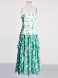 Plataz Holiday Style Dress 2025 Spring New Print Pressure Frills Light Mint Leaf Side Braid Dress Woman