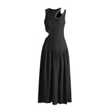 Plataz Sexy Wind Niche Design 2025 Summer Collar Hollow Folded Women's Dress In The Long Solid Color Folds
