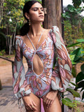 Plataz Clustered Swimsuit Women's Print Bikini Long-Sleeved Swimsuit Hot Lady Swimsuit DJPT