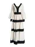 Plataz Style Dress Women's Dress 2025 Spring New V-Neck Lantern Sleeve Striped Splicing Fashion A-Word Dress