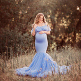 Plataz Women's Lace Pregnant Women Tailing Short-Sleeved Dress Photo Flying Sleeve Dress 1862 Maternity