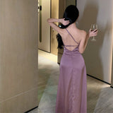 Plataz A Small Sling With Purple Dress Female Summer Temperament Bare Back Sexy Open Fork Dress Dress
