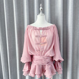 Plataz Spring And Summer New French Pure Desire Shoulder Bow Tective Chest Long Sleeve Fluffy Trouser Skirt