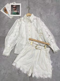 Plataz New Temperament Hollow Embroidered Lantern Sleeve Tops Shorts With Belt Belt Waist