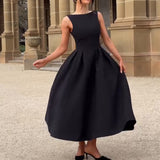 Plataz Women's Hepburn Style Solid Round-Neck Sleeveless Dress In Autumn 2024