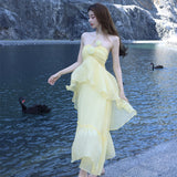 Plataz New Niche Design High-End Tea Break French Seaside Holiday Yellow Hanging Neck Dress