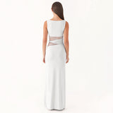 Plataz Women's Solid Color Translucent Hollow Lace Twist Belt Dress DJPT