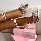 Plataz High Heels 2025 Spring Tip Sweet Bow Summer Water Drill Transparent Women's Pearl Sandals High Quality Shoes