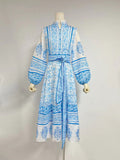 Plataz Autumn New Blue And White Printing Collar Lantern Sleeve Single Buckle Belt Waist Display Thin Dress