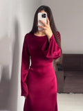 Plataz 2024 New Waist-Skinny Strap Solid Long-Sleeved Long-Sleeved Dress