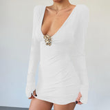 Plataz Women's Ultra-Low Collar Body-Suited And Hip Metal Decorative Sexy Dress DJPT