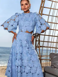 Plataz Spring And Summer Embroidery Hollow Round Horn Short Top + Holiday Water-Soluble Lace Skirt Dress Suit