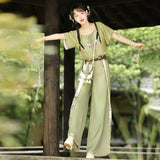 Plataz Design Yuehua Tour Chinese Style Improvement Chinese Elements Of The New Chinese Style Women's Short-Sleeved Blouse Trousers Set 9086