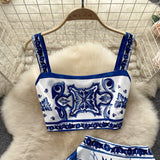 Plataz And White Porcelain Printing Set Of Women In Summer Pure Desire To Bare Belt Slings Small Vest + High Waist Mid-Dress Skirt DJPT