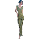 Plataz Turquoise V-Necked Back-Sin-Faced Jab Dress Dress Women's Summer Harvest Waist Thin Dress Dress Seaside Beach HZ0628