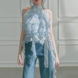 Plataz 2025 Spring And Summer Ice Blue Wave Ribbon Lace Strapped Clothes