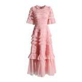 Plataz Elegant Dress 2025 Spring New Round Neck Pressure Folding Mesh Splicing Wave Point Cake Skirt