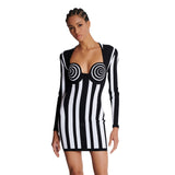 Plataz Stylish Black-And-White Striped Long-Sleeved Bag With A Bandage Dress With Elegant Party Dress