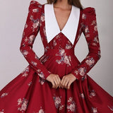 Plataz Floral Print Temperament Long-Sleeved Waist-Up Retro Swing Dress