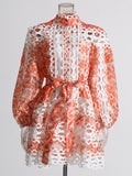 Plataz Bohemian 2025 Summer New Neck Lantern Sleeves With Hollow Print Dress Woman