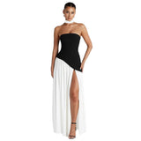 Plataz Women's Black And White Bumping Round Neck Irregular Opening Dress DJPT